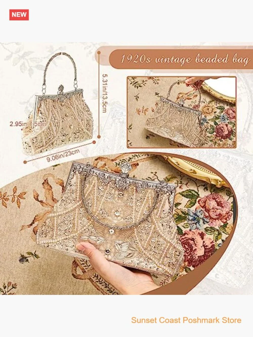 Vintage Beaded Clutch Evening Bag Rhinestone Flapper Purse Wedding Party